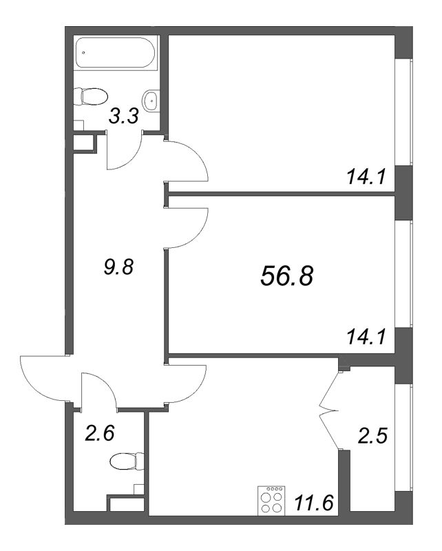 2-комнатная квартира, 56.8 м² в ЖК "Кронунг ЮГ" - планировка, фото №1