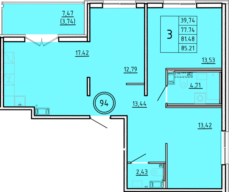 4-комнатная (Евро) квартира, 77.74 м² - планировка, фото №1