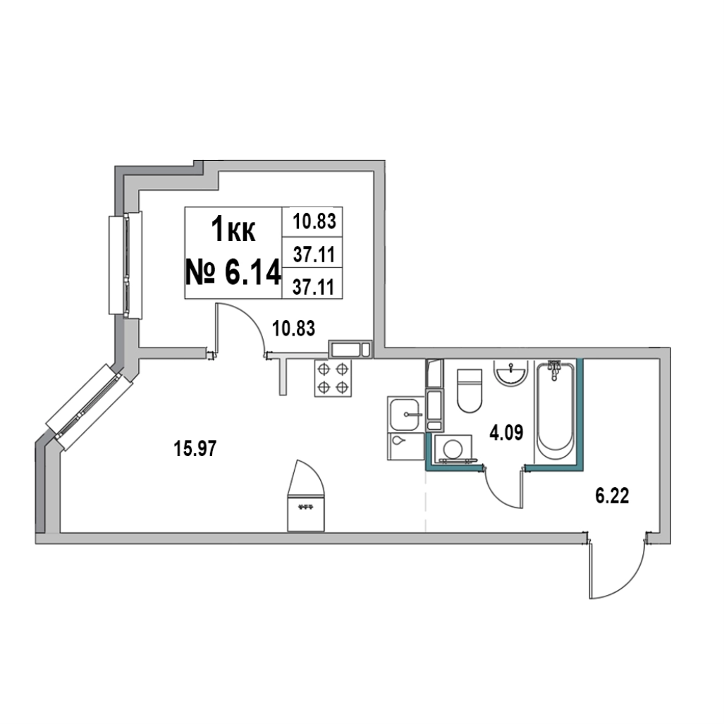 2-комнатная (Евро) квартира, 37.11 м² в ЖК "Новый Город" - планировка, фото №1