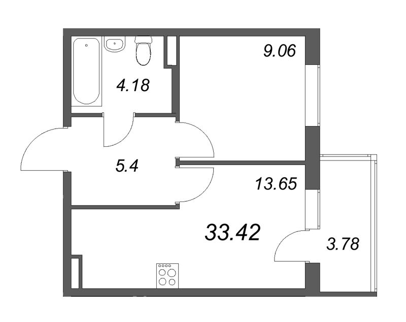 1-комнатная квартира, 33.42 м² в ЖК "Новая история" - планировка, фото №1