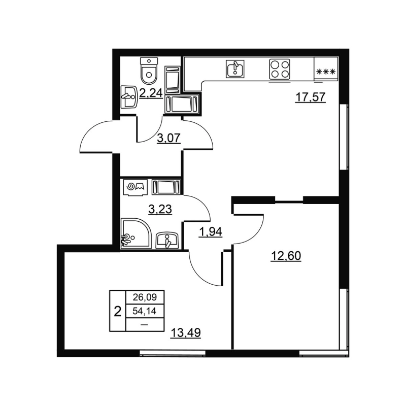 3-комнатная (Евро) квартира, 54.14 м² - планировка, фото №1