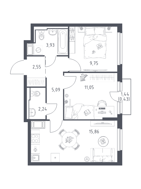3-комнатная (Евро) квартира, 50.9 м² в ЖК "Новое Колпино" - планировка, фото №1