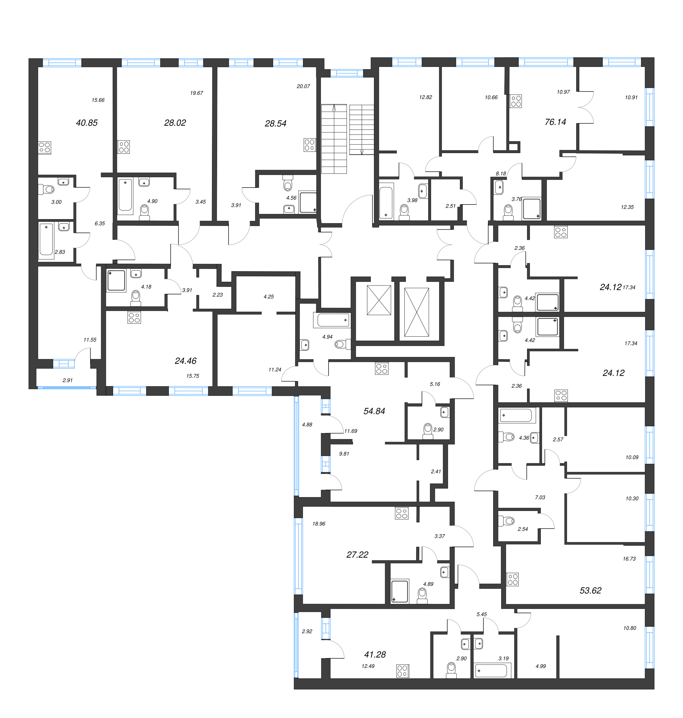 2-комнатная (Евро) квартира, 40.85 м² - планировка этажа