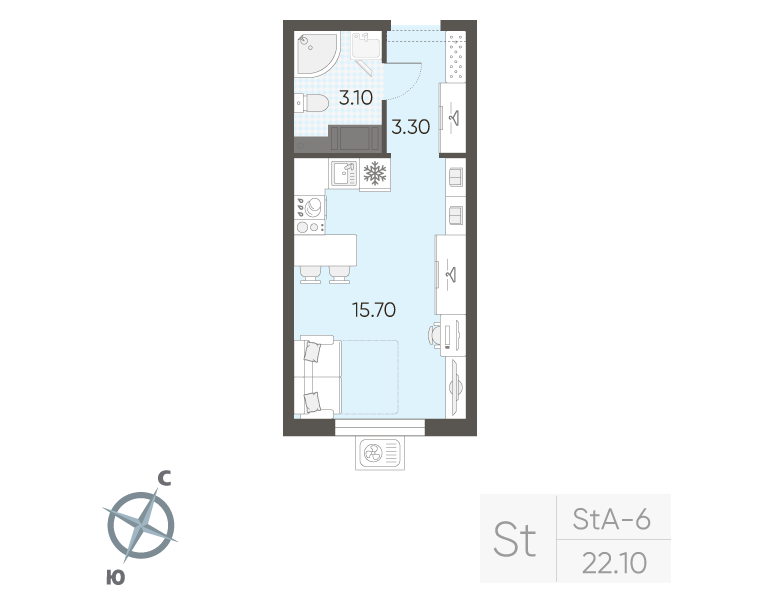 Квартира-студия, 22.1 м² в ЖК "Ручьи" - планировка, фото №1