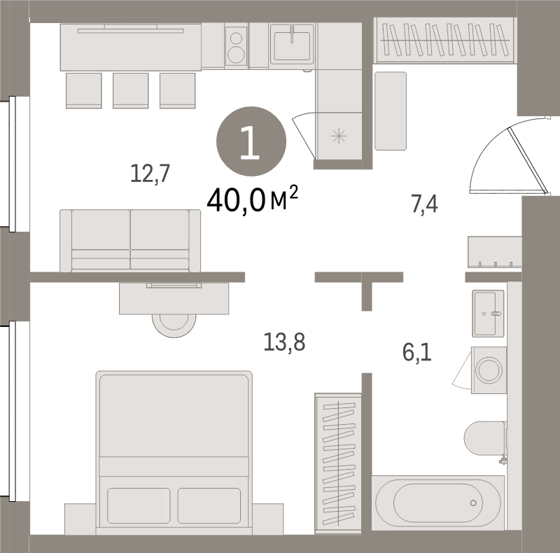 1-комнатная квартира, 40 м² в ЖК "Северный ветер" - планировка, фото №1