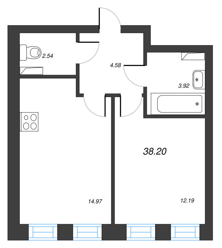 1-комнатная квартира, 38.2 м² - планировка, фото №1