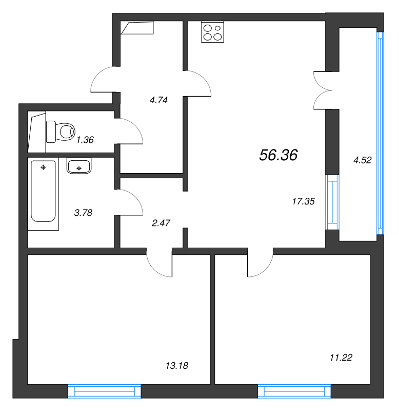 3-комнатная (Евро) квартира, 56.36 м² - планировка, фото №1