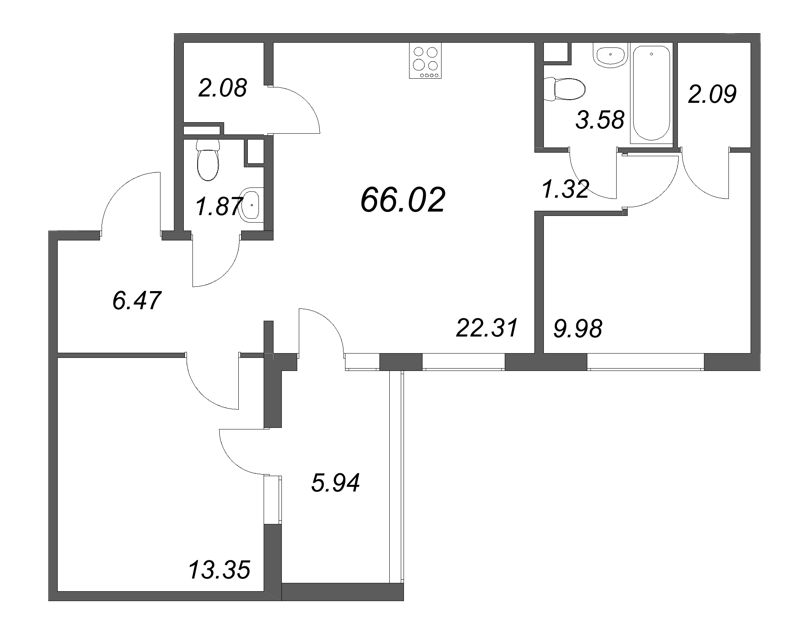 3-комнатная (Евро) квартира, 66.02 м² в ЖК "ЛесArt" - планировка, фото №1