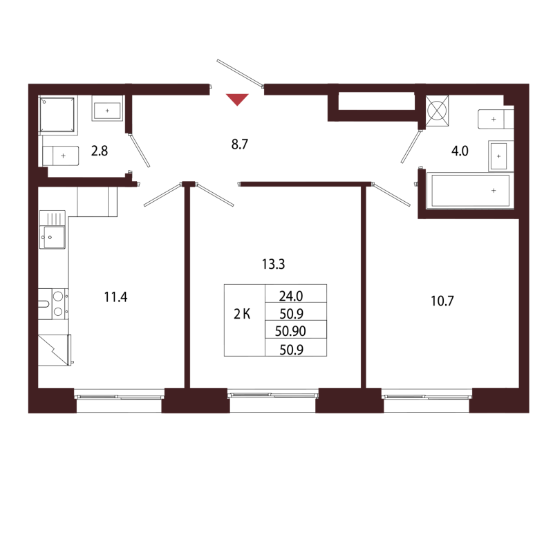 2-комнатная квартира, 50.9 м² в ЖК "Лисино" - планировка, фото №1