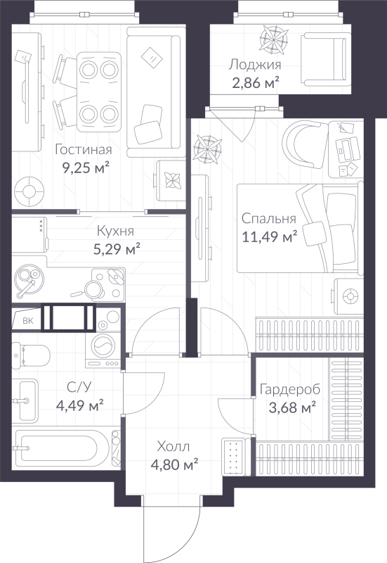 2-комнатная (Евро) квартира, 40.43 м² в ЖК "VEREN NORT сертолово" - планировка, фото №1
