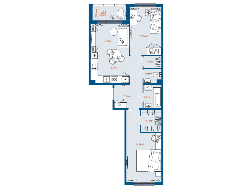 3-комнатная (Евро) квартира, 58.9 м² в ЖК "ЛесArt" - планировка, фото №1