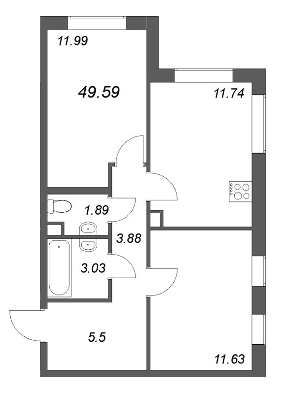2-комнатная квартира, 49.59 м² в ЖК "Тишин" - планировка, фото №1