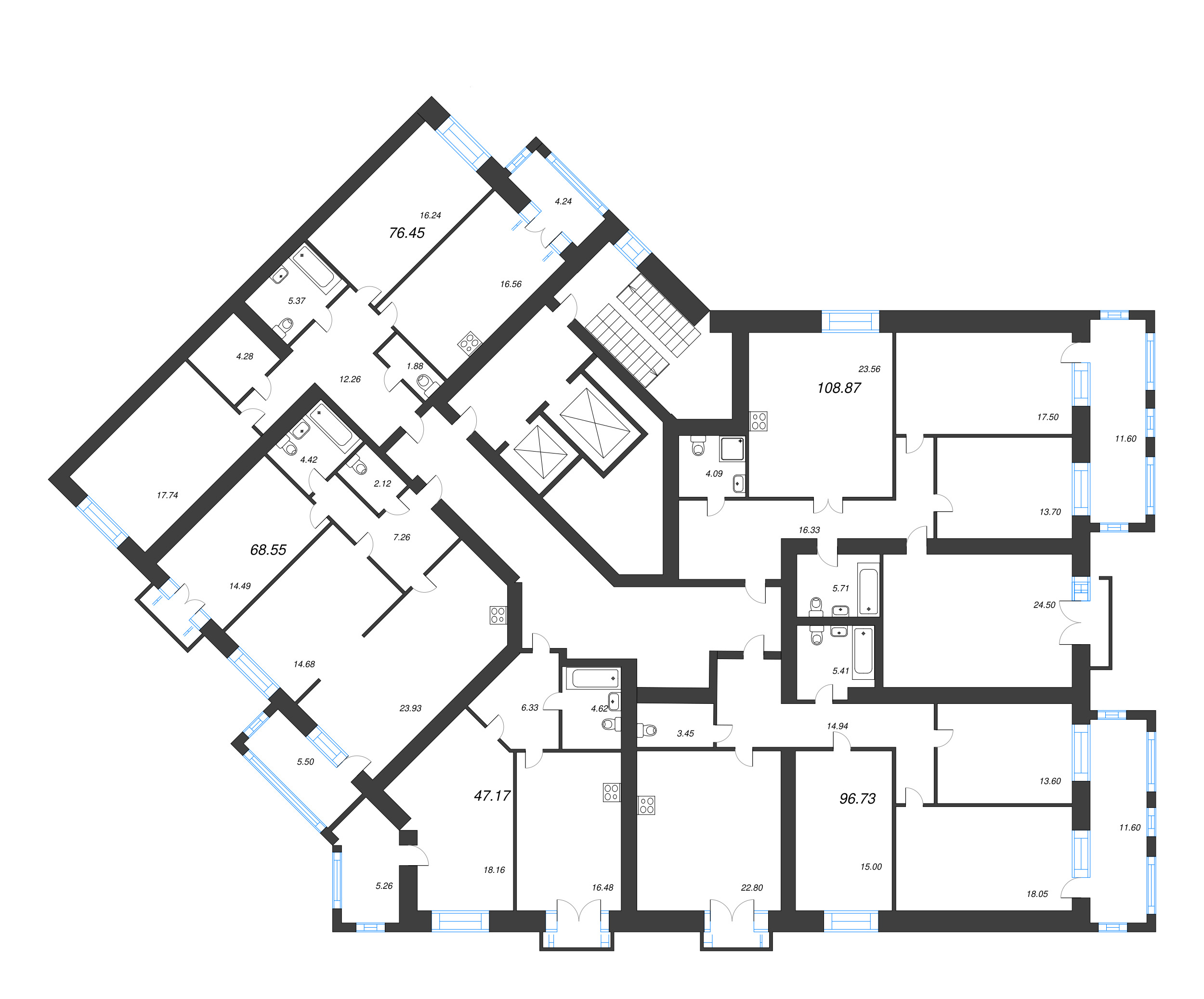 4-комнатная (Евро) квартира, 96.7 м² - планировка этажа