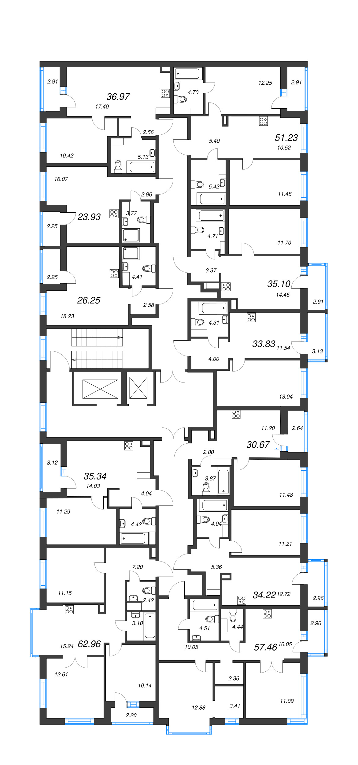 4-комнатная (Евро) квартира, 62.96 м² - планировка этажа