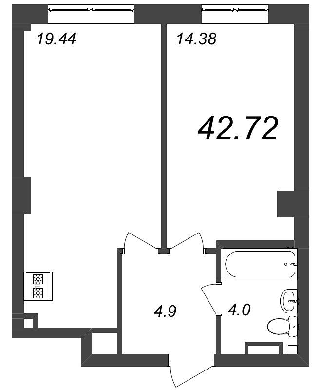2-комнатная (Евро) квартира, 42.72 м² - планировка, фото №1