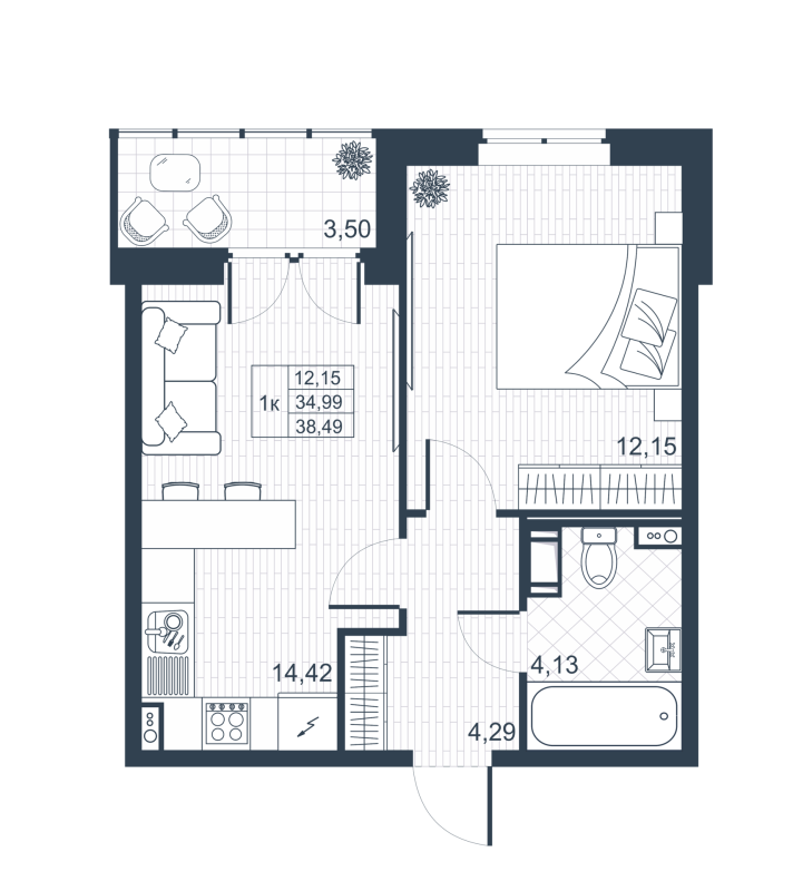 1-комнатная квартира, 34.8 м² в ЖК "Ново-Антропшино" - планировка, фото №1