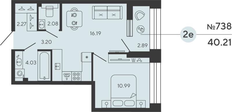 2-комнатная (Евро) квартира, 40.21 м² в ЖК "Bashni Element" - планировка, фото №1
