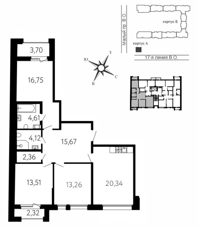 4-комнатная (Евро) квартира, 92.43 м² в ЖК "17-я линия" - планировка, фото №1