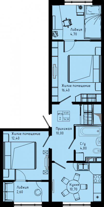 2-комнатная квартира, 61.6 м² в ЖК "Pixel" - планировка, фото №1