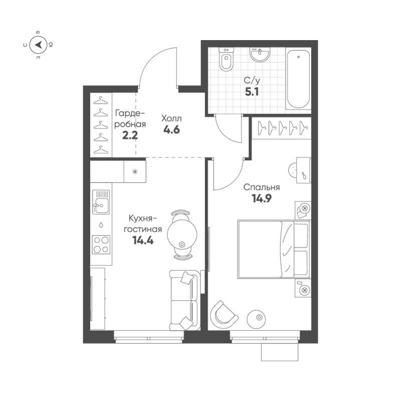 1-комнатная квартира, 41.2 м² - планировка, фото №1