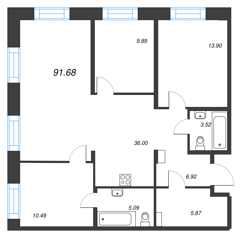 4-комнатная (Евро) квартира, 91.68 м² в ЖК "Alpen" - планировка, фото №1