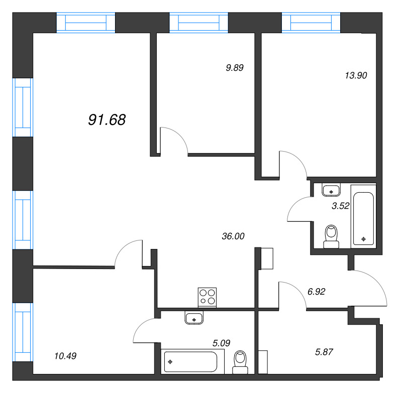 4-комнатная (Евро) квартира, 91.68 м² - планировка, фото №1