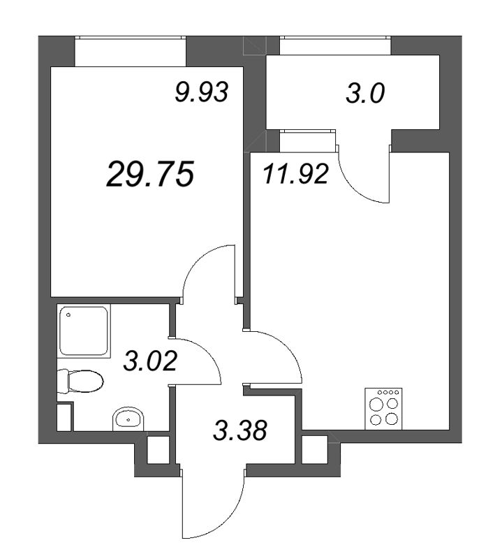 1-комнатная квартира, 29.75 м² в ЖК "Гранат" - планировка, фото №1