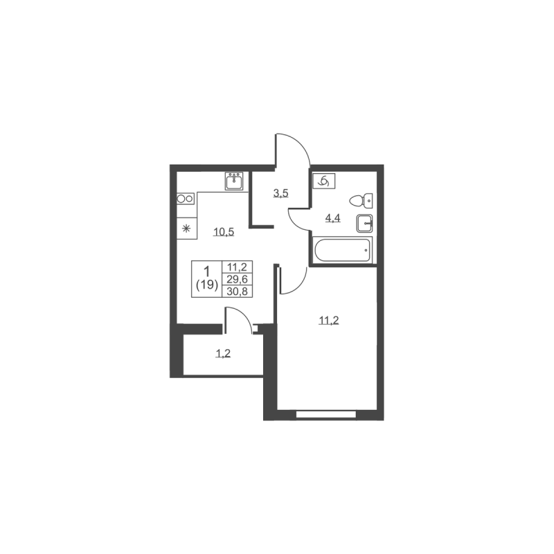 1-комнатная квартира, 30.8 м² - планировка, фото №1