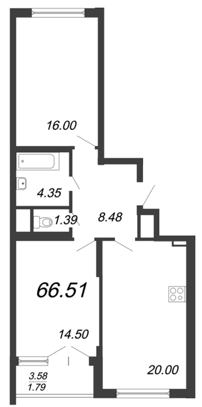 3-комнатная (Евро) квартира, 68 м² - планировка, фото №1