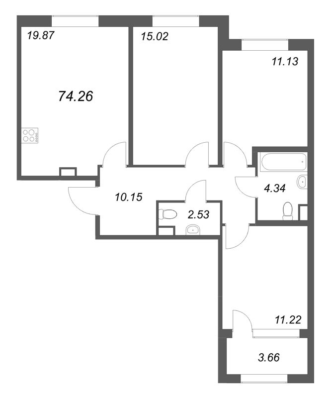 4-комнатная (Евро) квартира, 74.26 м² в ЖК "Дубровский" - планировка, фото №1