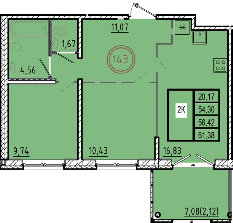 3-комнатная (Евро) квартира, 54.3 м² в ЖК "Образцовый квартал 9.1" - планировка, фото №1