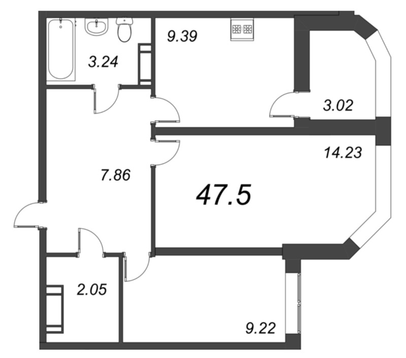 2-комнатная квартира, 47.5 м² в ЖК "Капральский" - планировка, фото №1