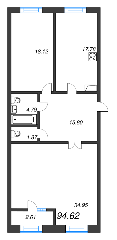 3-комнатная (Евро) квартира, 95 м² в ЖК "Neva Haus" - планировка, фото №1