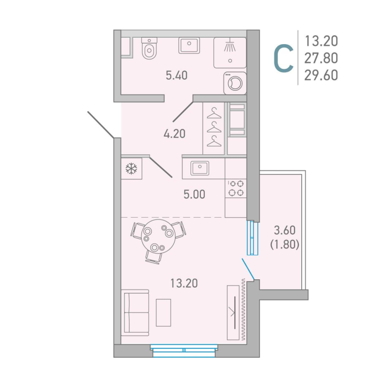 Квартира-студия, 28.4 м² - планировка, фото №1
