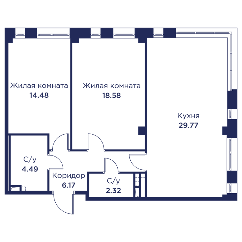 3-комнатная (Евро) квартира, 75.81 м² - планировка, фото №1