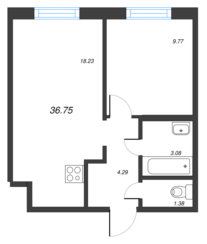 2-комнатная (Евро) квартира, 36.75 м² в ЖК "Старлайт" - планировка, фото №1