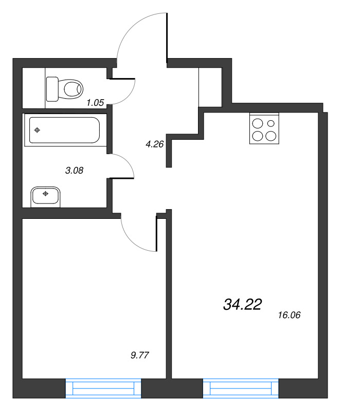 2-комнатная (Евро) квартира, 34.22 м² в ЖК "Старлайт" - планировка, фото №1