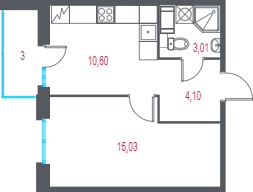 1-комнатная квартира, 34.24 м² в ЖК "Город-спутник Южный" - планировка, фото №1