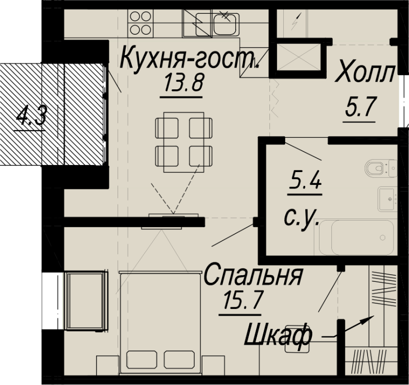 1-комнатная квартира, 42.8 м² - планировка, фото №1