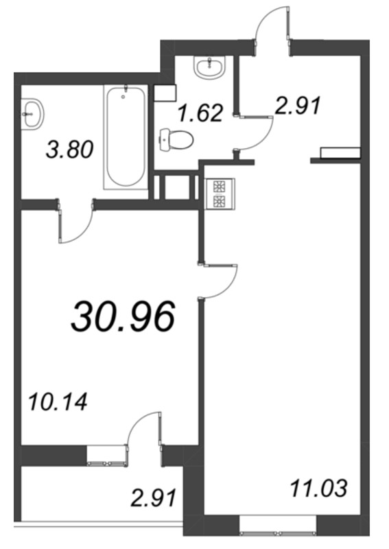 1-комнатная квартира, 30.96 м² в ЖК "AEROCITY Family" - планировка, фото №1