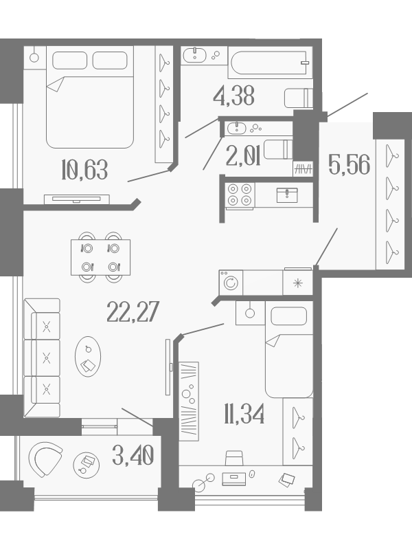 3-комнатная (Евро) квартира, 58.9 м² в ЖК "Коллекционный дом 1919" - планировка, фото №1