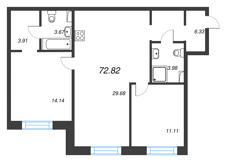 3-комнатная (Евро) квартира, 72.82 м² в ЖК "Остров Первых" - планировка, фото №1