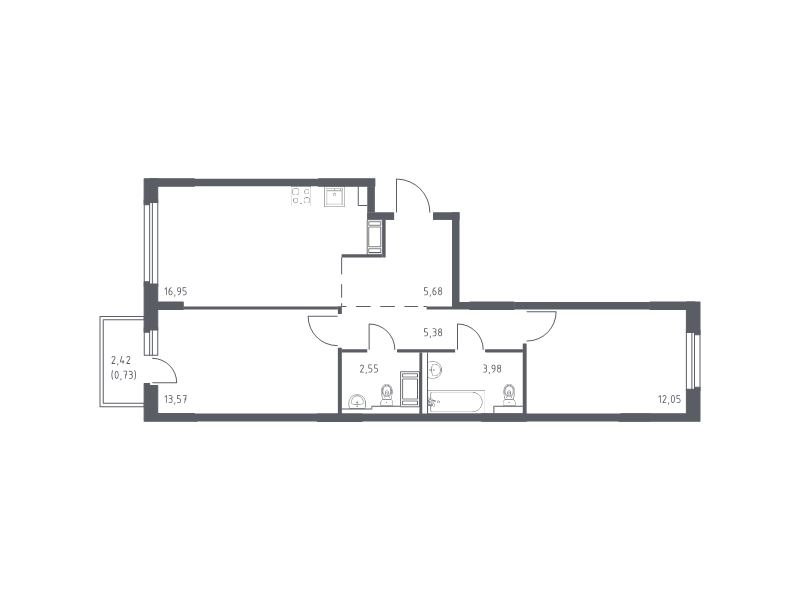 3-комнатная (Евро) квартира, 60.89 м² - планировка, фото №1