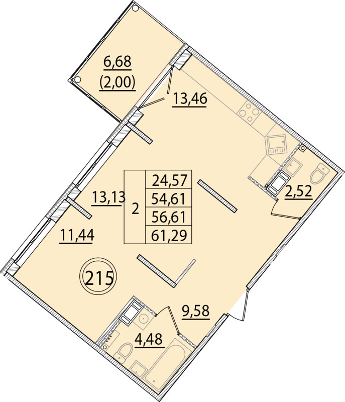 2-комнатная квартира, 54.61 м² - планировка, фото №1