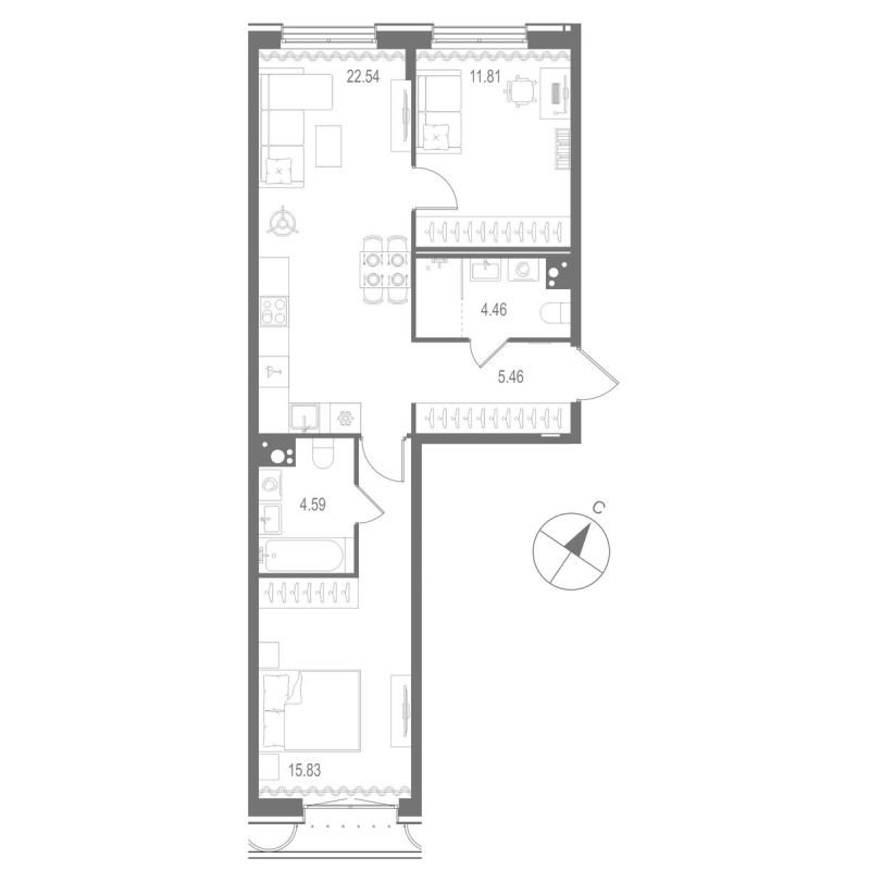 3-комнатная (Евро) квартира, 64.69 м² в ЖК "Остров Первых" - планировка, фото №1