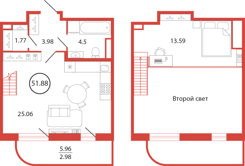2-комнатная (Евро) квартира, 51.88 м² в ЖК "Энфилд" - планировка, фото №1