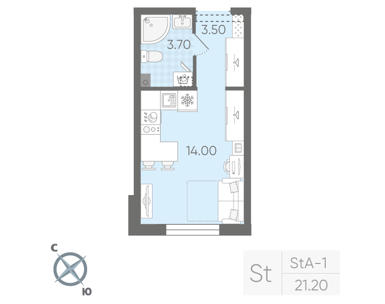 Квартира-студия, 21.2 м² в ЖК "Ручьи" - планировка, фото №1