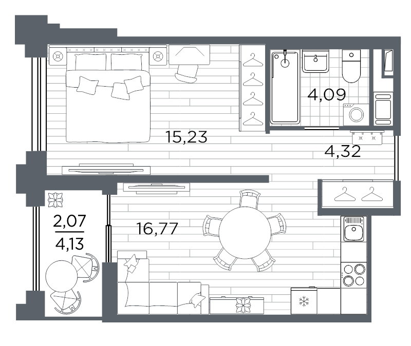 2-комнатная (Евро) квартира, 42.48 м² - планировка, фото №1