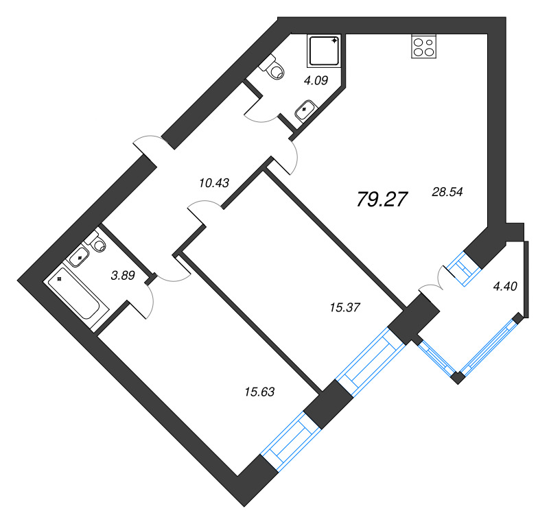2-комнатная квартира, 79 м² - планировка, фото №1