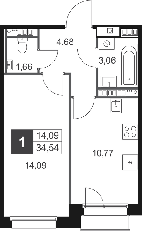 1-комнатная квартира, 34.54 м² в ЖК "Слобода" - планировка, фото №1